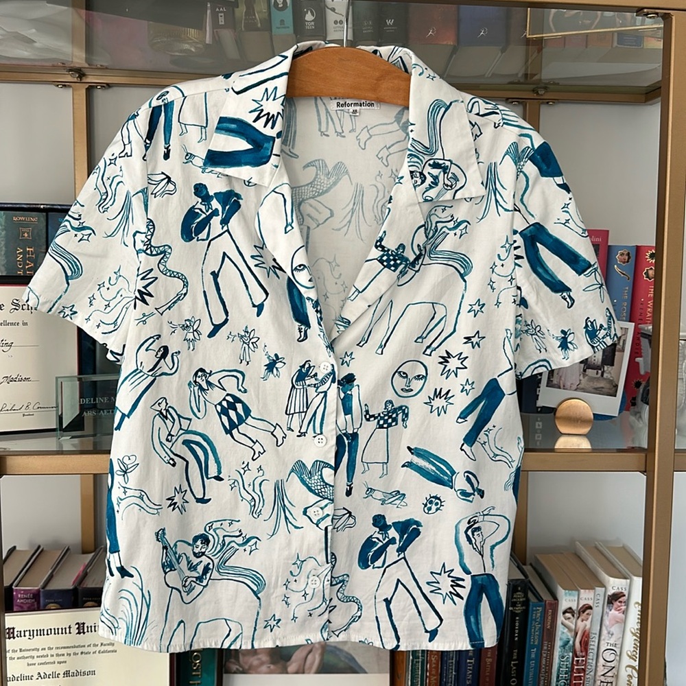 Reformation Cotton Button Down in Blue Dance Print size XS